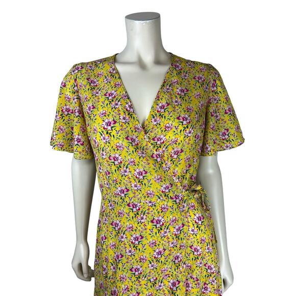 Roller Rabbit Yellow Floral Print Wrap Dress Size S Midi Prana Filena Ruffle - Picture 5 of 10